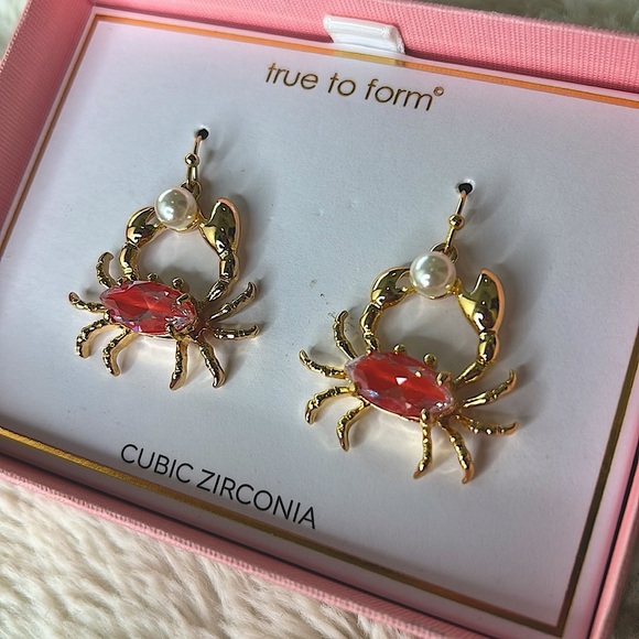 Whimsical Gold and Coral Pink Crab Pearl Cubic Zirconia Earrings - Picture 10 of 10